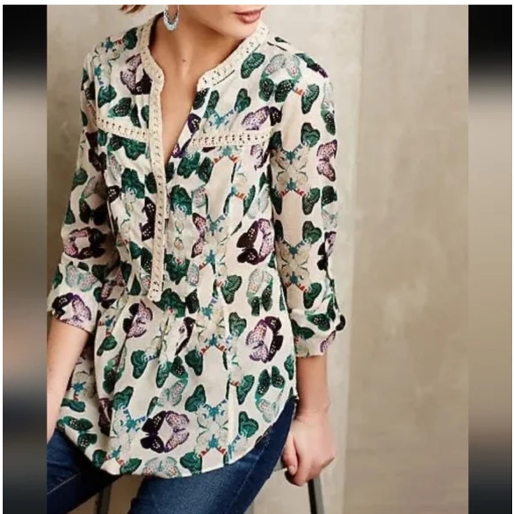 Anthropologie Maeve Butterfly Print Pintuck Cotton Shirt, Size 6